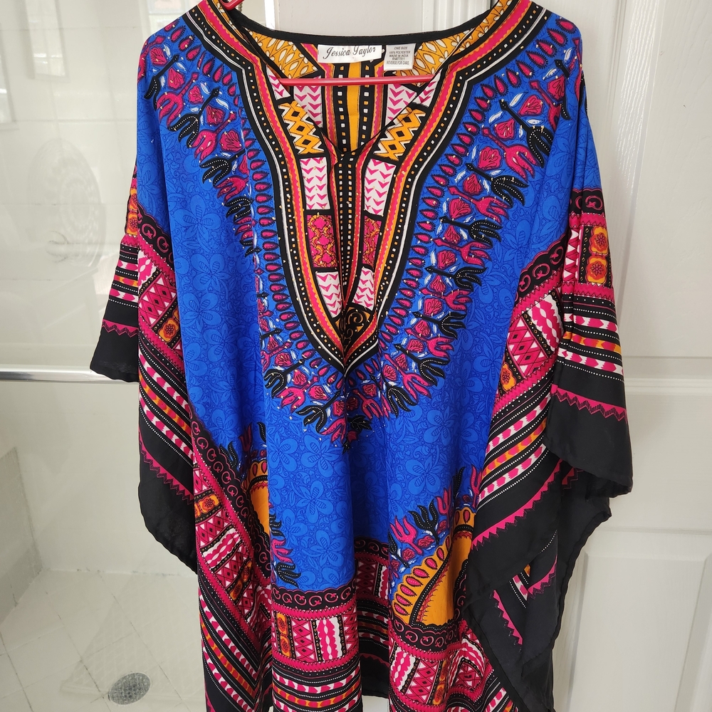 FINAL REDUCTION Blue Ethnic-Print Tunic Top with Pink & Orange Accents - Picture 2 of 2